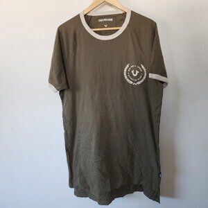 Mens True Religion Long Green Shirt Short Sleeve White Collar Monogram Logo